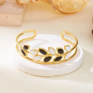 Vintage Leaf Open Cuff Bracelet for Women - 18K Gold Plated Stainless Steel, Black & White Enamel Inlay, Hypoallergenic Adjustable Bangle, Elegant Stackable Jewelry