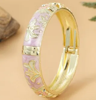 Vintage Floral Enamel Bangle Bracelet with Rhinestone, 18K Gold Plated Alloy Adjustable Open Cuff, Green Cloisonne Style Jewelry for Women