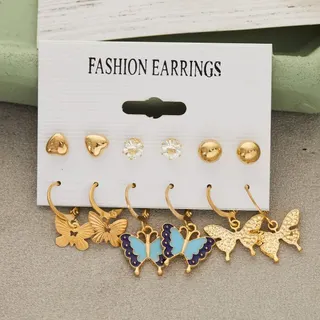 6 Pcs Butterfly Earrings Set for Women - No Piercing Ear Clips, Enamel & Crystal Heart Studs, Gold-Plated Alloy Hypoallergenic Dangle Earrings Gift Set