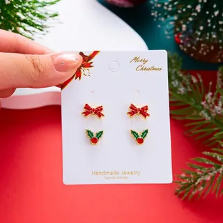 Christmas Bow & Holly Berry Earrings Set (2 Pairs) - 18K Gold Plated Alloy Enamel Studs, Festive Red Green Gold Holiday Jewelry Gift