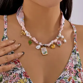 French Vintage Silk Scarf Beaded Necklace, Stainless Steel Enamel Charm Pendant Clavicle Chain with Butterfly Cactus Heart Pearl, Adjustable 50+5cm Women's Jewelry