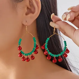 Christmas Jingle Bell Hoop Earrings, Red & Green Alloy Dangle Earrings with Bell Charms, Festive Retro Statement Earrings for Holiday Party & Gift