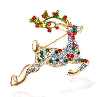 Christmas Reindeer Brooch, Gold-Plated Alloy with Enamel & Multicolor Rhinestones, Antler Branch Design, Holiday Coat Pin Gift 4x4.5cm