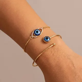 Evil Eye Bracelet Set 2pcs Gold Plated Alloy Resin Turkish Blue Eye Charm Bracelet & Bangle, Rhinestone Evil Eye Open Cuff, Boho Lucky Protection Jewelry for Women