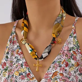 Bohemian Silk Scarf Necklace with 18K Gold Plated Stainless Steel Cross Pendant, Adjustable 50+5cm Vintage Statement Chain for Women