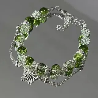 Green Butterfly Bracelet for Women - Forest Style Glass Bead Double Chain with Butterfly Charm & Bow Accent, Adjustable 17+5cm, Elegant Chinese-Inspired Jewelry Gift