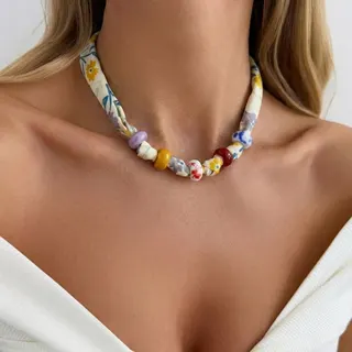 French Vintage Floral Scarf Necklace with Colorful Ceramic Beads, 60cm Wrap Choker, Boho Summer Jewelry for Women