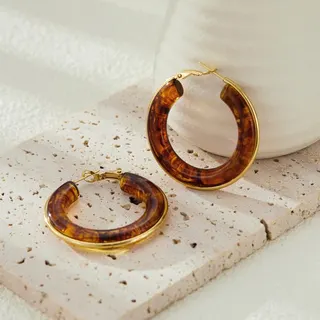 Vintage Coffee Amber Hoop Earrings - 18K Gold Plated Stainless Steel & Acetate, 4cm Hypoallergenic French Chic Hoop Earrings for Women