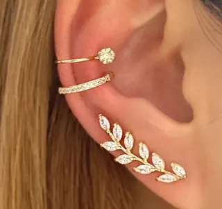 Wheat Ear Cuff Earrings 18K Gold Plated Copper with Cubic Zirconia, Marquise Stone Long Dangle Ear Clip, No-Piercing Stackable Set, French Vintage Jewelry 2x7.5cm