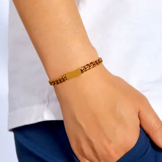 Men's Stainless Steel Bracelet 18K Gold Plated Cuban Chain, Custom Laser Engraved ID Tag, Tarnish-Free Hypoallergenic, 21cm Gold Link Bracelet Gift