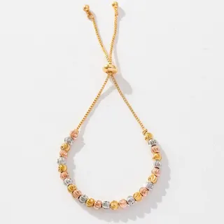 Elegant Tri-Color Beaded Adjustable Bracelet - Hammered Copper Chain with Rose Gold, Yellow Gold & Silver Beads, Stretch Slide Clasp, Minimalist Layering Jewelry for Women