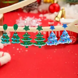 Christmas Tree Acrylic Earrings Set of 3, Glitter Star Drop Earrings, Blue Green Holiday Party Jewelry, 4.3-5cm