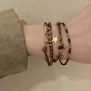 Boho Beaded Bracelet Set 4pcs - Coffee Brown Multi-layer Stackable Bracelets with Star & Bell Charm, Alloy Crystal Beads, 17cm Adjustable, Vintage Bohemian Jewelry for Women