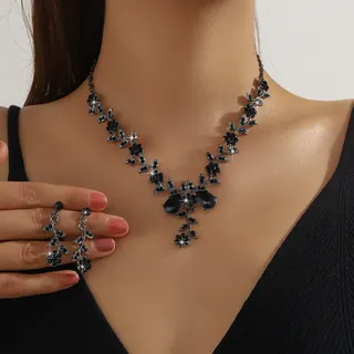 Vintage Black Crystal Necklace Set - Alloy Hand-Set Flower Leaf V-Shape Pendant with Drop Earrings, 2-Piece Rhinestone Jewelry for Women