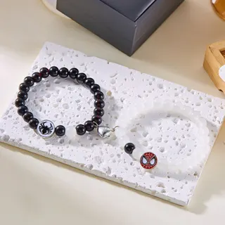 Spider-Man Themed Couple Bracelet Set, Black & White Crystal Bead Strand 18cm, 2pcs Matching Friendship/Valentine Gift