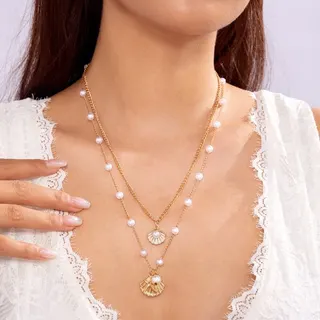 Double Layer Shell Necklace for Women, 18K Gold Plated Alloy with Pearl Beads & Blue Enamel Shell Pendant, Ocean Vacation French Retro Layered Choker Chain