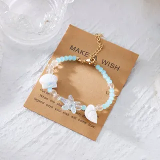 Ocean Shell Starfish Beaded Bracelet - Light Blue Resin Charm Adjustable Strand Bracelet for Women Girls