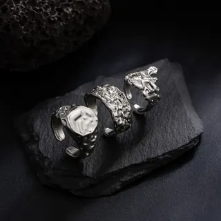 Vintage Punk Men's Ring Set of 3, Adjustable Open Band, Alloy White Gold Oxidized Gothic Statement Finger Rings for Men