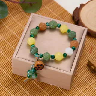 Lotus Beaded Elastic Bracelet - Hand-Carved Wood & Resin Lotus Beads, Multi-Color with Lotus Pod Charm & Tassel, Zen Chinese Style Gift Box