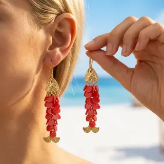 Boho Red Scale Fish Tassel Earrings, Alloy + Acrylic, 10x2cm Long Dangle Drop Earrings, Beach Vacation Statement Jewelry, 1 Pair