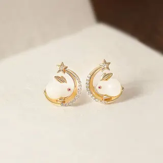 Cute Rabbit Star Moon Earrings - Imitation Hetian Jade Rabbit with Rhinestone Crescent & Star, 18K Gold Plated Alloy Stud Earrings for Women, Approx 2x2.5cm, Pair