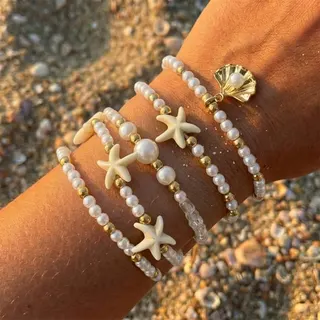 Summer Ocean Starfish Shell Pearl Bead Bracelet Set of 5, 18K Gold Plated Alloy, Stackable Beach Vacation Jewelry for Women, Approx 18cm