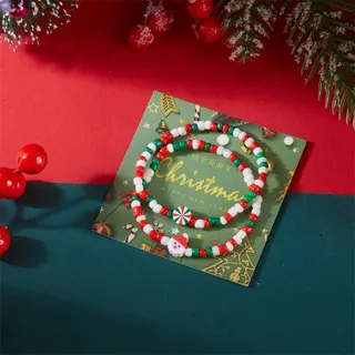 Christmas Beaded Bracelet Red Green White Seed Beads with Clay Snowflake Holiday Gift Jewelry 18cm