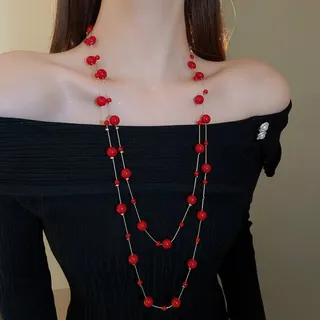 Red Pearl Double Layer Long Necklace, Gold Chain Beaded Statement Chain, French Vintage Off-Shoulder Collarbone Necklace for Women