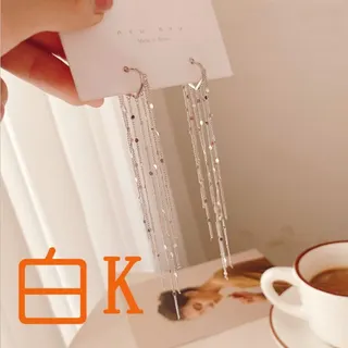 White Gold Heart Hoop Tassel Earrings - 11.3cm Long Dangling Chain Ear Hoops, Copper with White Gold Plating, French Chic Elegant Drop Earrings for Women (Pair)