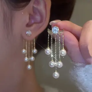 Two-Way Tassel Pearl Drop Earrings with Zircon, Elegant Long Dangle Earrings for Women, Lightweight Hypoallergenic Jewelry Gift