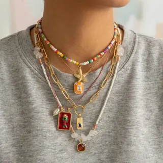 Boho Vacation Starfish Dripped Square Fish Pendant Layered Necklace Set, 5-Piece Beaded Braided Chain, Gold Plated Copper with Pearl & Crystal, 40+5cm Extender, Beach Jewelry for Women