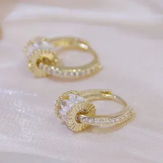 14K Gold Plated Zircon Hoop Earrings - Vintage Spiral Fan Texture Micro-Paved Crystal Ear Hoops, Pair, 1.7cm