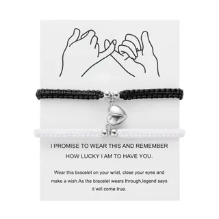 Red Braided Lovers Bracelet with Silver Heart Charm, Adjustable 16-30cm Magnetic Clasp, Wish-Making Friendship Bracelet for Couples & Best Friends, Gift Card Included