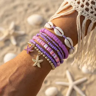 Boho Beach Bracelet Set - Multi-Layer Pearl & Cowrie Shell Starfish Charm Bracelets, Blue White Beaded Stackable Wristband, Summer Vacation Jewelry for Women