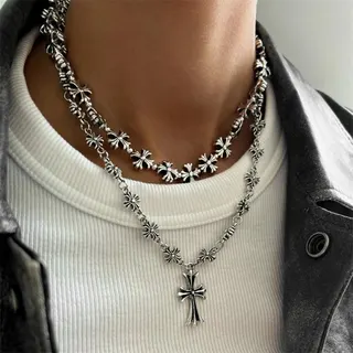 Double Layer Cross Necklace Silver Alloy Vintage Punk Street Y2K Gothic Chain Pendant Necklace for Men Women 38+5cm