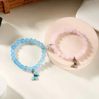 Glow-in-the-Dark Butterfly Beaded Bracelet Set for Couples & Best Friends, Glass Beads with Enamel Butterfly Charm, Black White Blue, 18cm, Pair