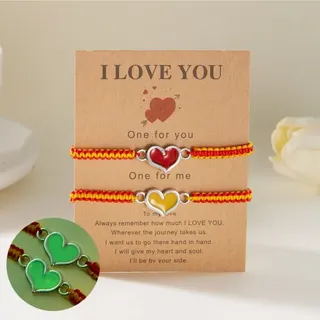 Glow in the Dark Heart Couple Bracelet Set of 2, Black & White Braided Cord with Alloy Luminous Heart Charm, Adjustable 18-30cm, I Love You Gift Card Packaging, Valentine's Day Anniversary Gift for Her Him