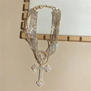 Silver Multi-Strand Rhinestone Cross Necklace, Alloy Crystal Choker with Cross Pendant, 40+5cm Extensible Layered Statement Jewelry for Women
