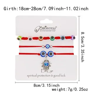 Evil Eye Hand Charm Bracelet 3Pcs Set, Red Braided String Adjustable 18-28cm, Resin & Alloy Spiritual Protection Good Luck Bracelet for Women Gift