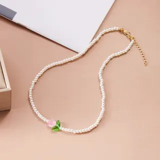 Tulip Pearl Necklace - French Chic Glass Flower & Leaf Beaded Choker, 18K Gold Plated Alloy, Adjustable 40+5cm, Fresh Girly Pendant Chain for Women