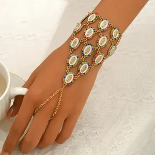Vintage Madonna Colorful Rhinestone Multi-Chain Finger Bracelet, 18K Gold Plated Alloy Oval Religious Pendant, Bohemian Statement Wrist & Finger Chain for Women