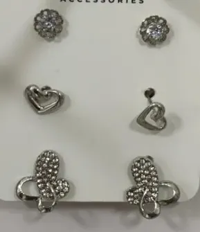 Luxury Sweet Rhinestone Earrings Set - Alloy Silver Plated Round Crystal + Hollow Heart + Butterfly Studs 3 Pairs Pack, Hypoallergenic Tarnish Resistant, Feminine Jewelry Gift