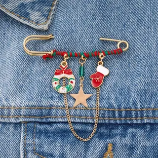 Christmas Brooch Pin, Gold Plated Alloy Enamel, Red Green Twisted Cord Tassel with Wreath Star & Santa Mitten Charms, Holiday Sweater Brooch Gift