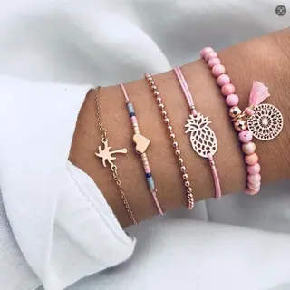 Pink Bracelet Set of 5 - Rose Gold Alloy & Turquoise Beads, Boho Tassel Pineapple Starfish Charm, Layered Girl Bracelets Gift, 18cm