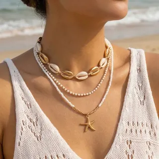 Boho Beach Shell Necklace, Multi-Layer Gold Cowrie Shell & Starfish Pendant Choker, Beaded Layered Necklace for Women, Summer Vacation Jewelry