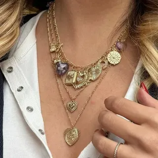 Vintage Heart Sun Layered Necklace, French Bohemian Multi-Chain Pendant with Amethyst Heart, Gold Alloy Antique Finish, 37+5cm