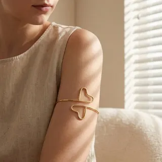 Gold Open Cuff Arm Band - Hollow Heart Design Adjustable Upper Arm Bracelet, 18K Gold Plated, French Minimalist Jewelry