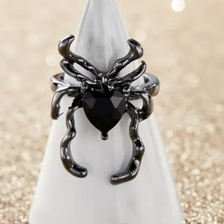 Gothic Spider Web Ring, Black Gemstone Rhinestone Adjustable Open Ring, Punk Dark Alloy Finger Ring for Women
