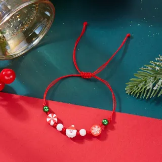 Christmas Snowman Snowflake Sock Clay Bead Bracelet, Handmade Painted Beads with Adjustable Braided Cord, 16-30cm Green Holiday Gift