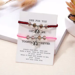 Halloween Spider Bracelet for Couples - Handwoven Adjustable Cord with Alloy Spider Charm & Crystal Beads, Red Black & Pink Wish Bracelet Set of 2, Holiday Gift for Women